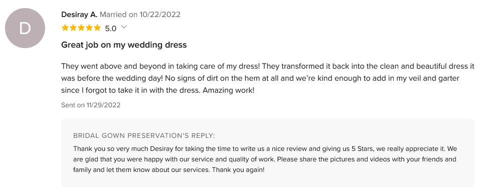 Wedding Wire Reviews-BridalGownPreservation.com